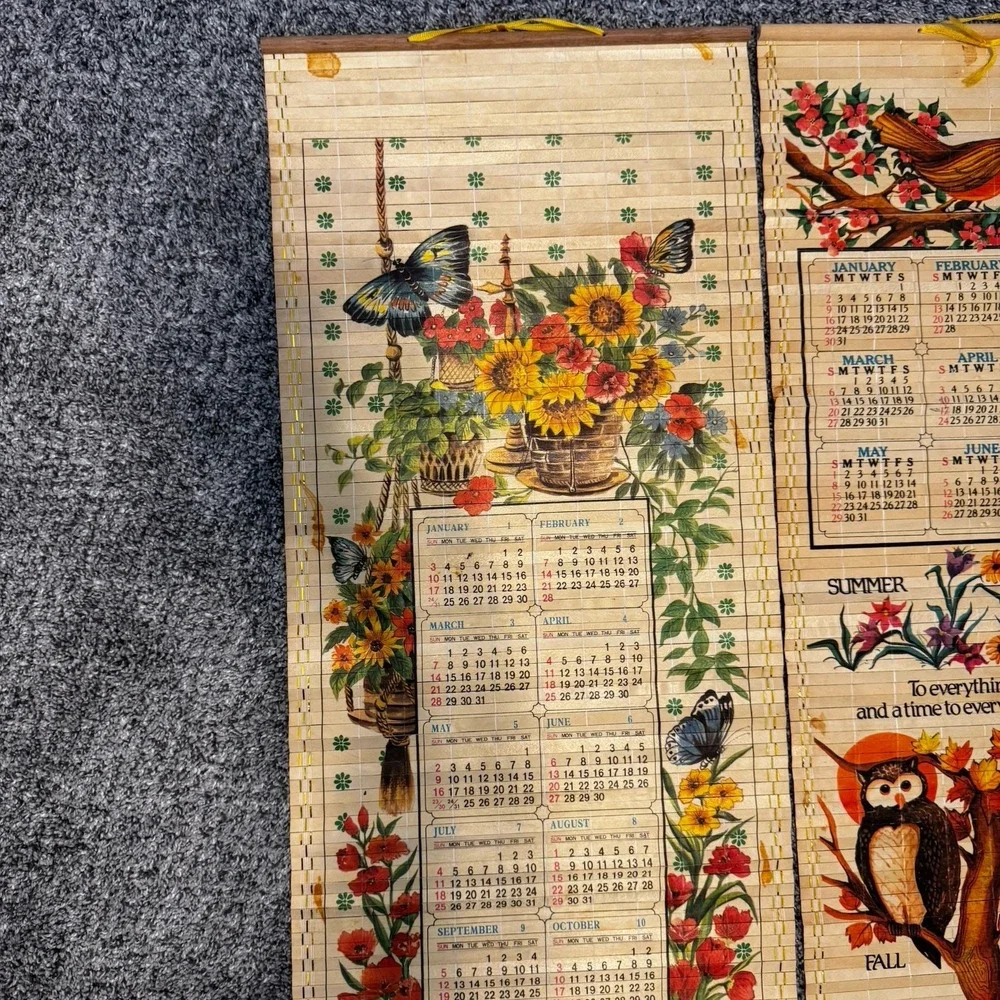 Vintage Giftco 1982, 1983 & 1992 Bamboo Art Wall Scroll Calendars Lot Butterfly